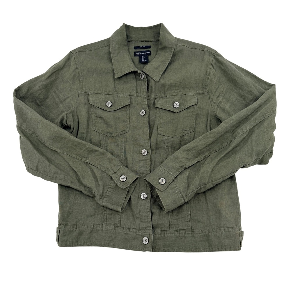 Jones New York Women Olive Green 100% Linen Trucker Jacket Size Large JNY Y2K